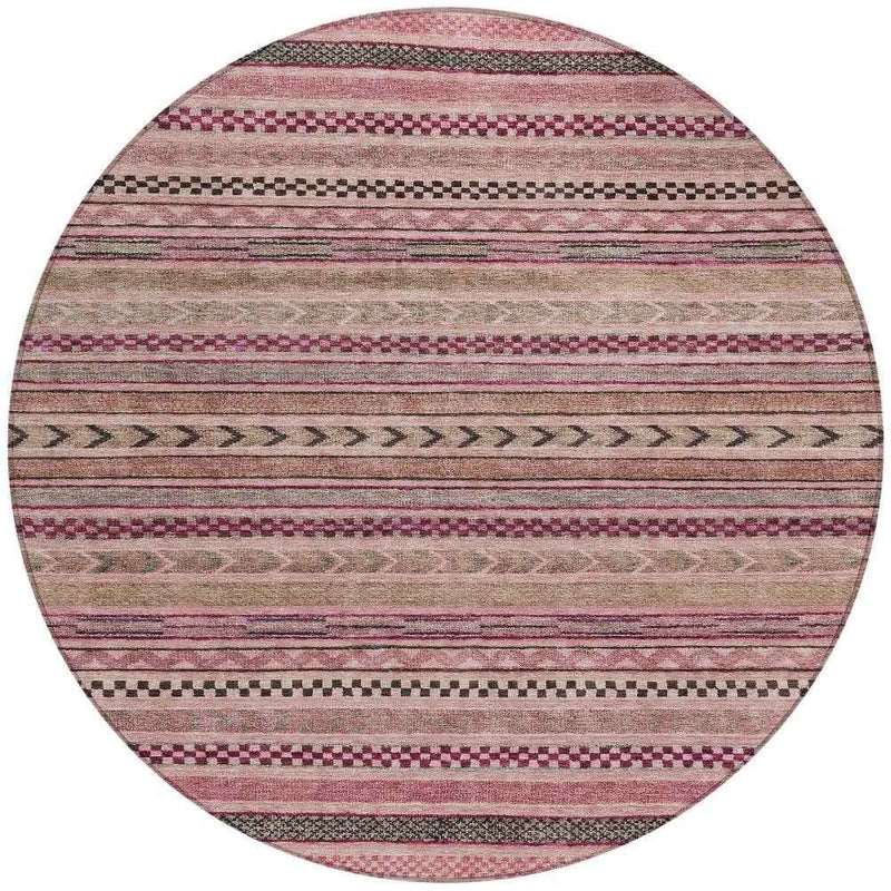 8' Pink And Taupe Round Striped Washable Indoor Outdoor Area Rug