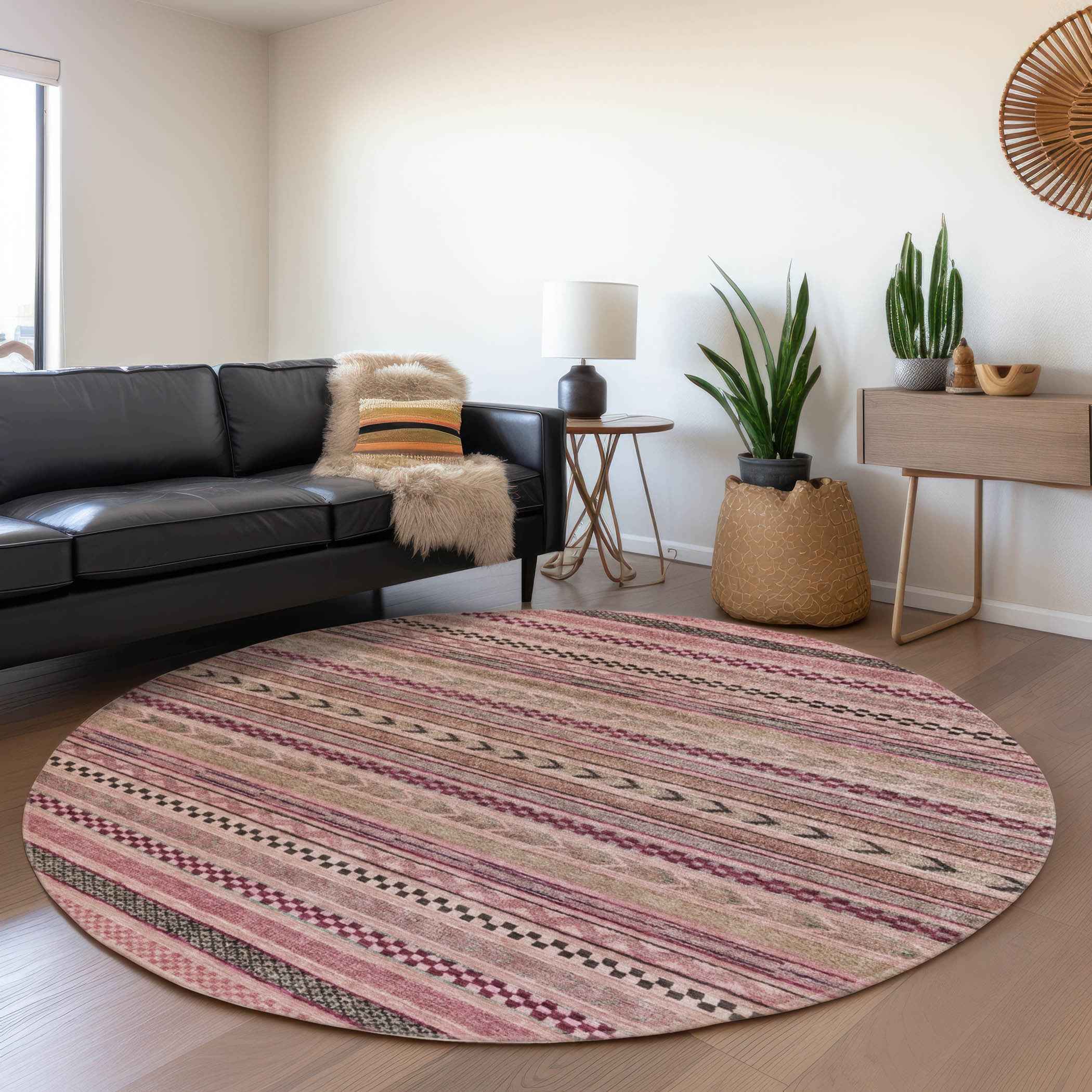 8' Pink And Taupe Round Striped Washable Indoor Outdoor Area Rug