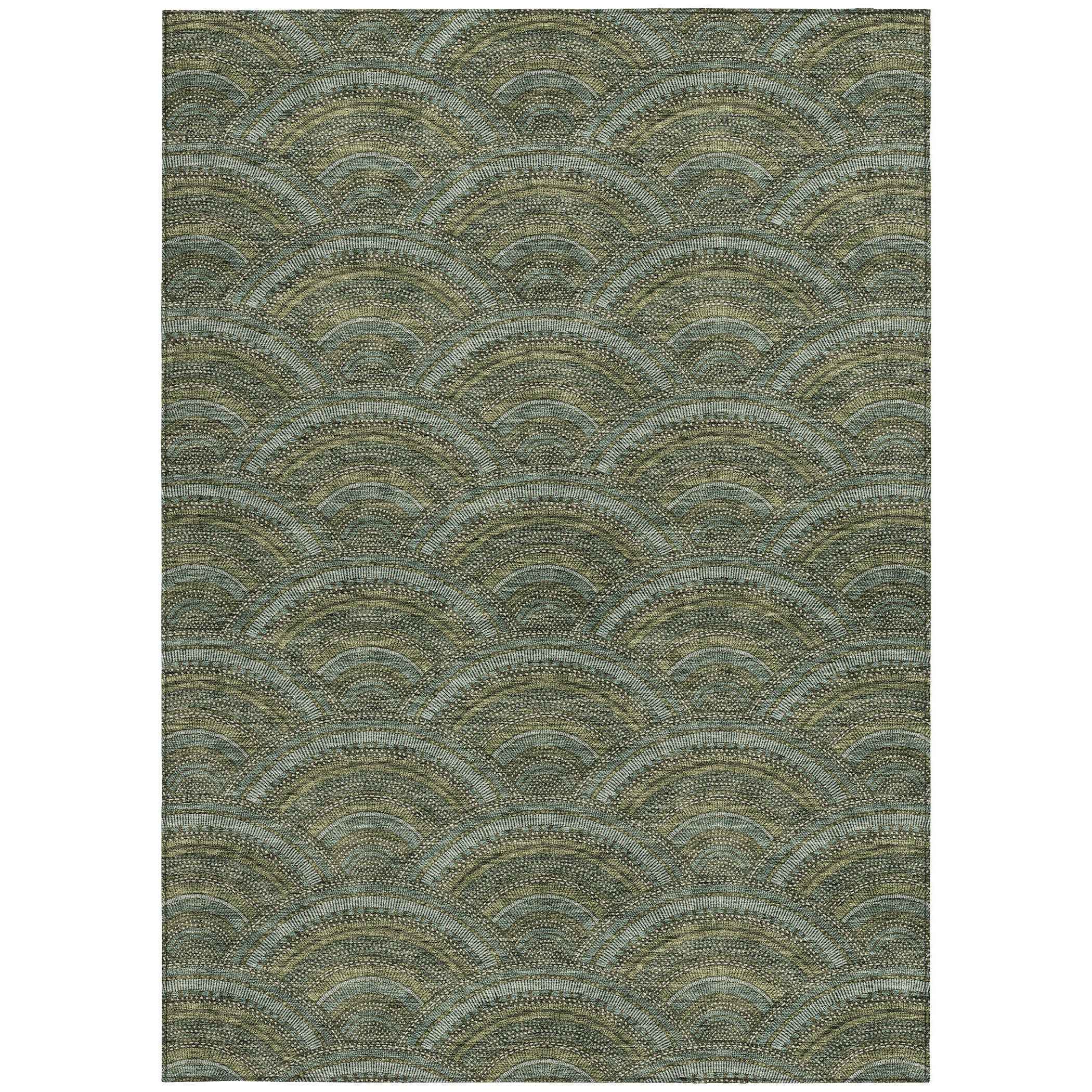 8' X 10' Olive Green Fern Green And Silver Geometric Washable Indoor Outdoor Area Rug