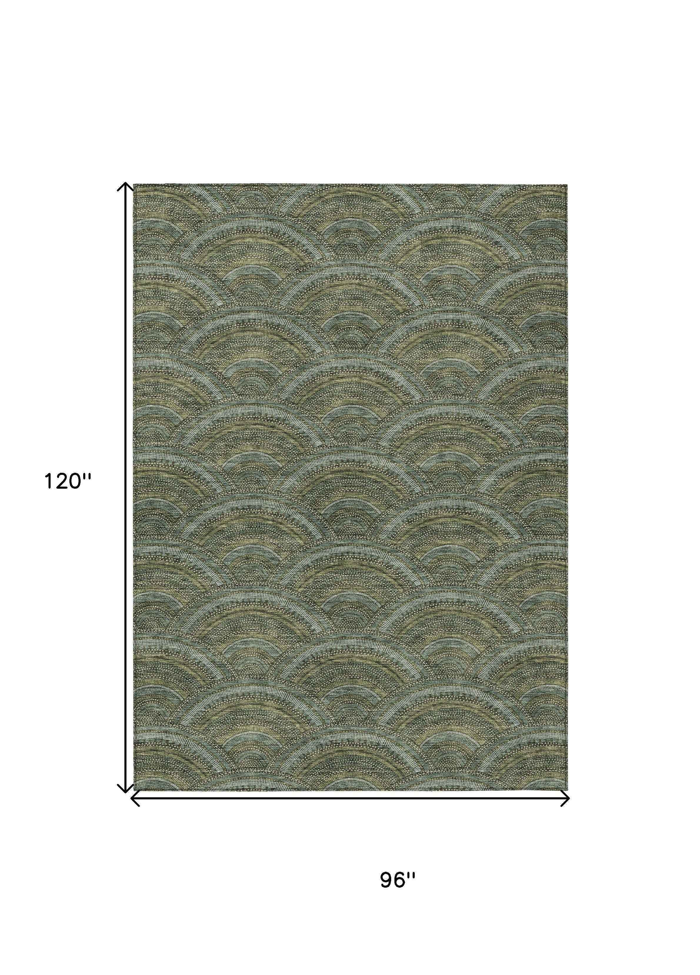 8' X 10' Olive Green Fern Green And Silver Geometric Washable Indoor Outdoor Area Rug
