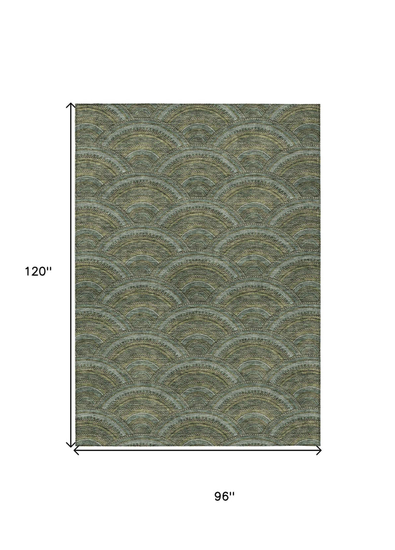 8' X 10' Olive Green Fern Green And Silver Geometric Washable Indoor Outdoor Area Rug
