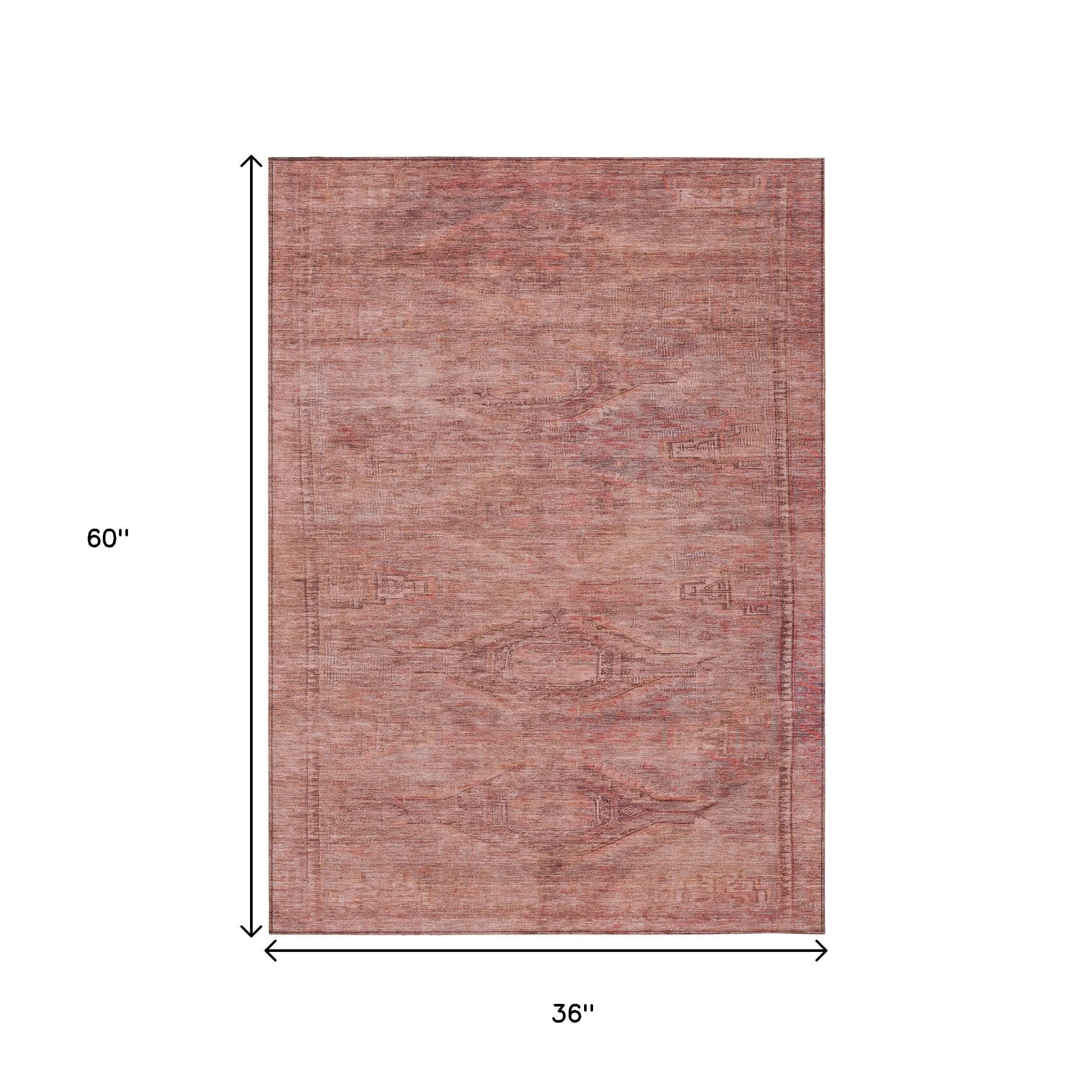 3' X 5' Terra Cotta And Salmon Aztec Washable Indoor Outdoor Area Rug