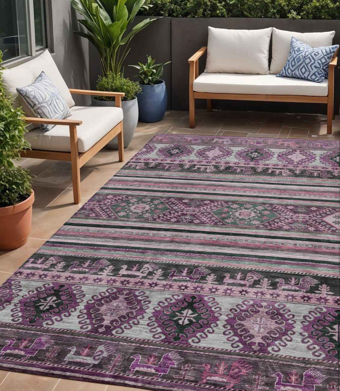 5' X 8' Purple Plum And Gray Tribal Washable Indoor Outdoor Area Rug
