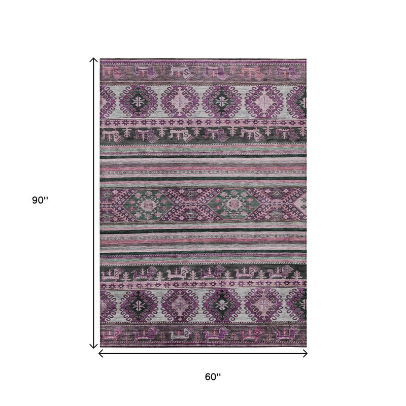 5' X 8' Purple Plum And Gray Tribal Washable Indoor Outdoor Area Rug