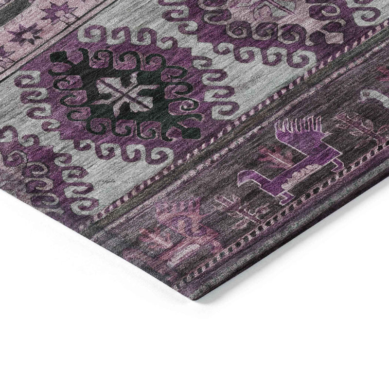 5' X 8' Purple Plum And Gray Tribal Washable Indoor Outdoor Area Rug