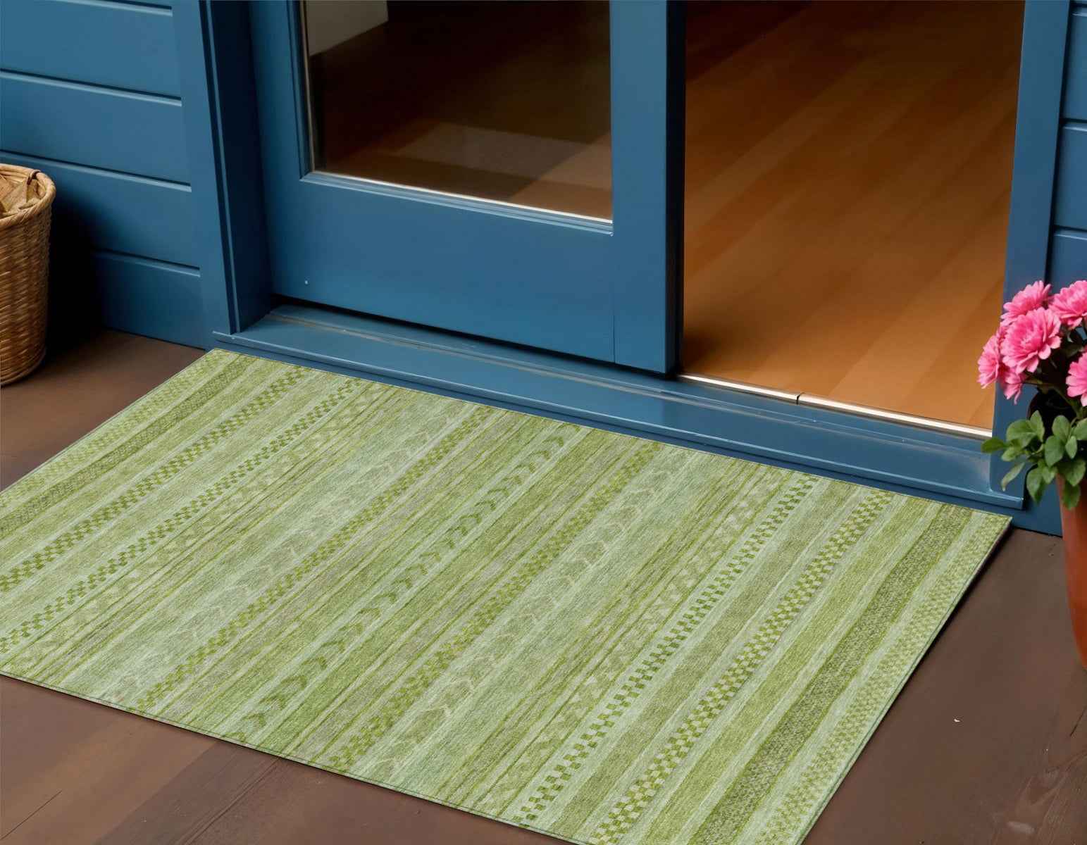 3' X 5' Fern Green And Sage Striped Washable Indoor Outdoor Area Rug