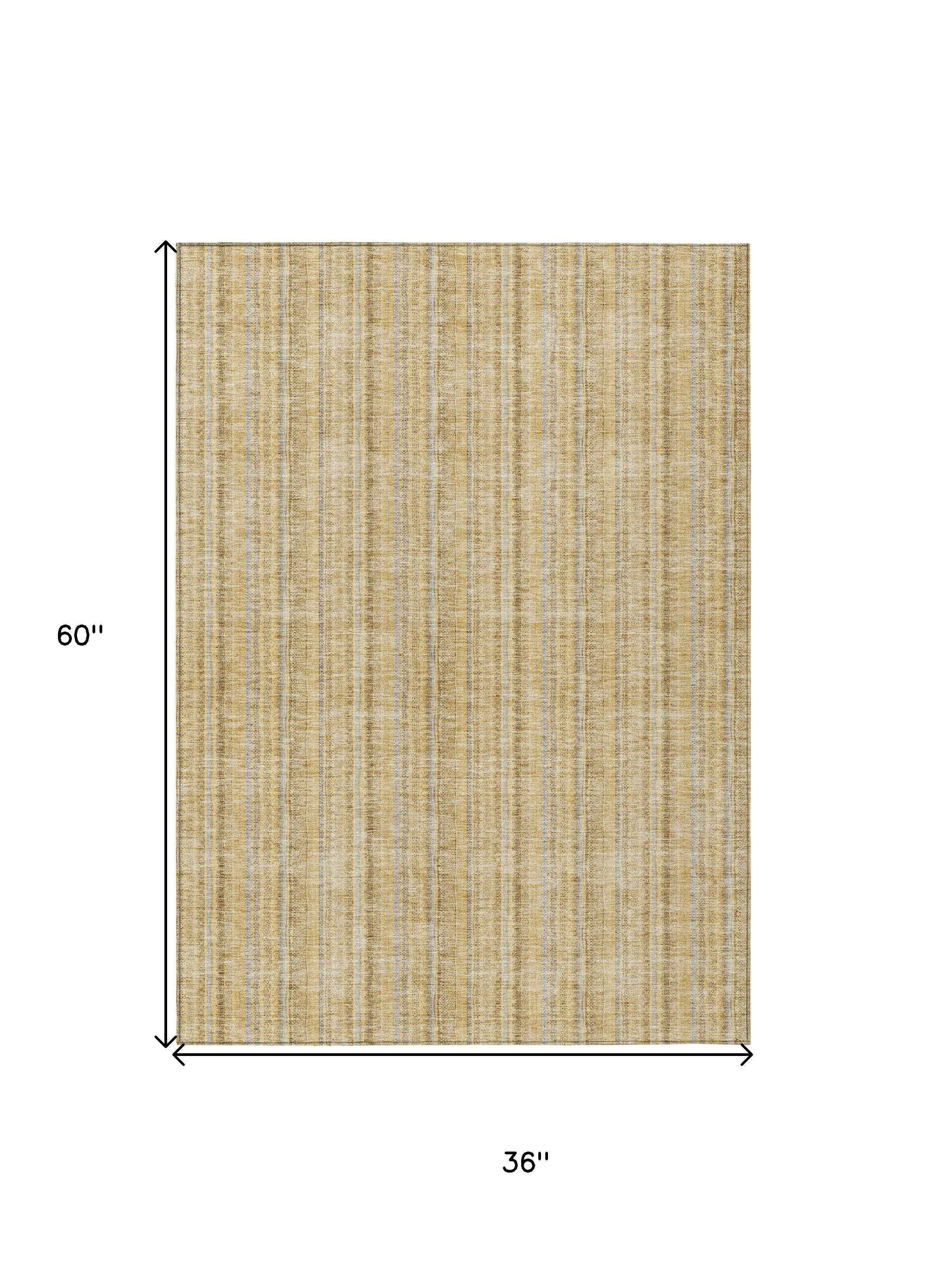 3' X 5' Wheat Gold And Gray Striped Washable Indoor Outdoor Area Rug