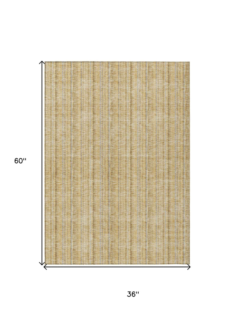 3' X 5' Wheat Gold And Gray Striped Washable Indoor Outdoor Area Rug