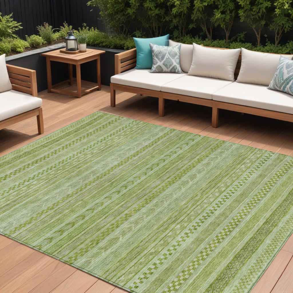 10' X 14' Fern Green And Sage Striped Washable Indoor Outdoor Area Rug