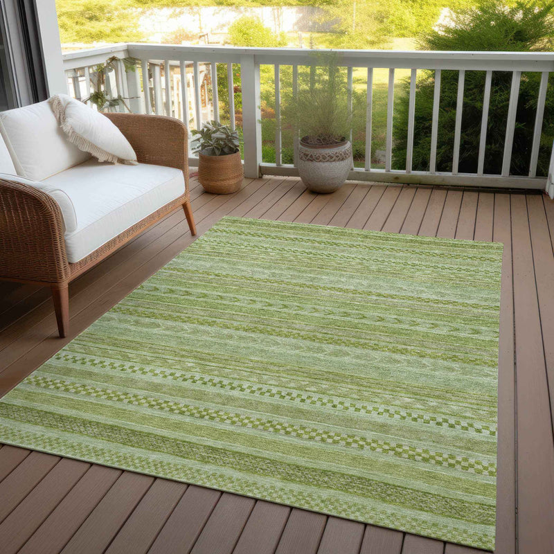 10' X 14' Fern Green And Sage Striped Washable Indoor Outdoor Area Rug