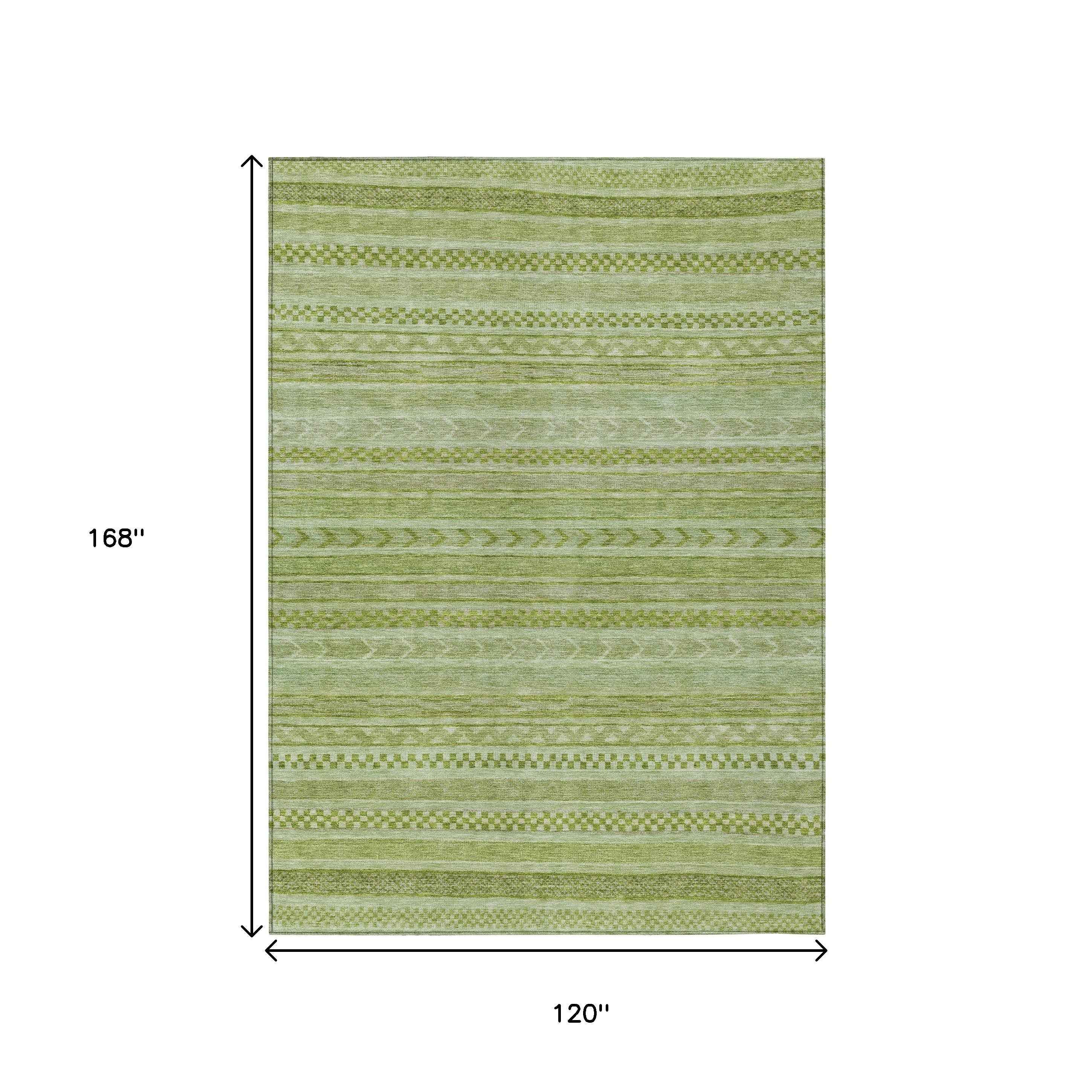 10' X 14' Fern Green And Sage Striped Washable Indoor Outdoor Area Rug