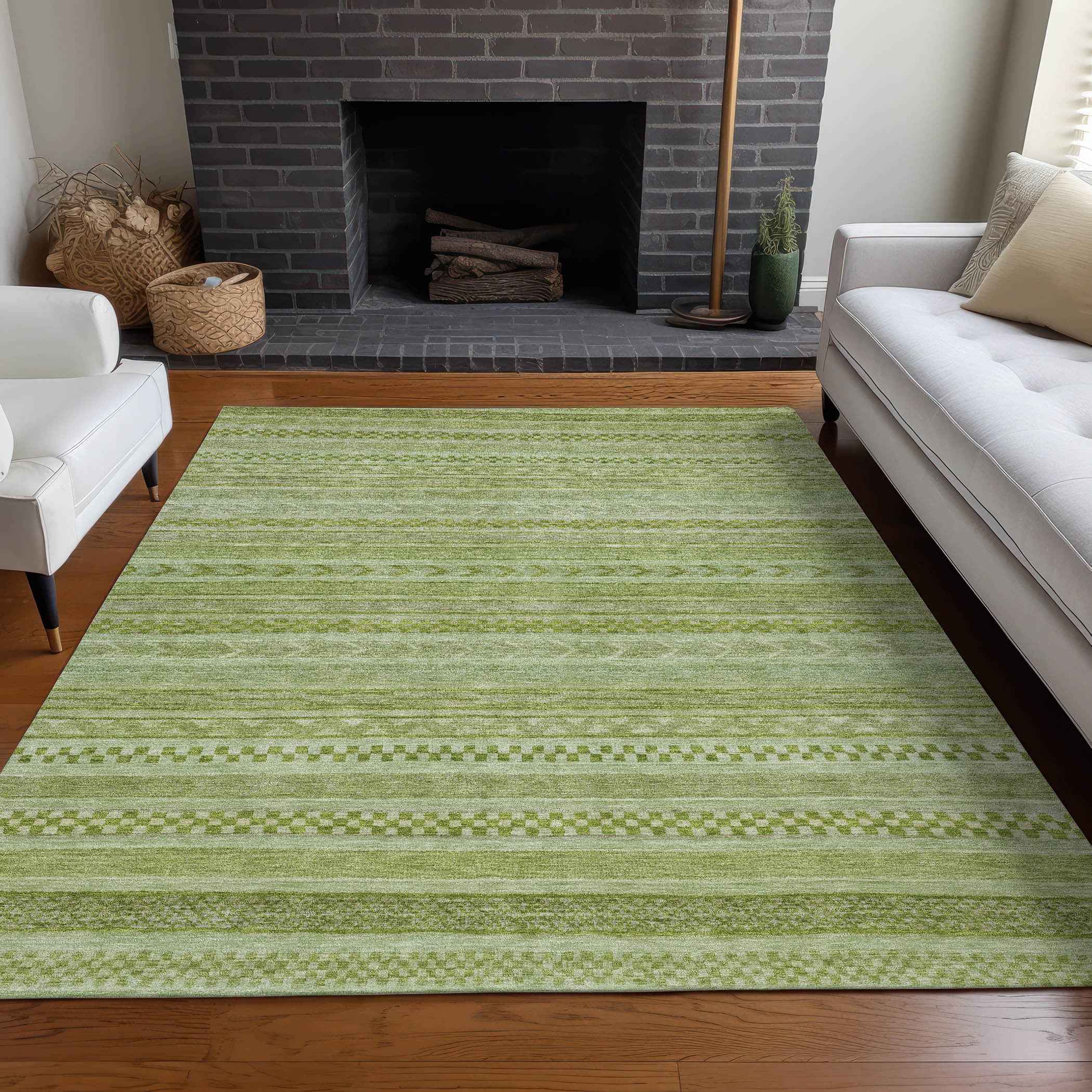 10' X 14' Fern Green And Sage Striped Washable Indoor Outdoor Area Rug