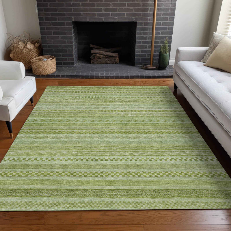 10' X 14' Fern Green And Sage Striped Washable Indoor Outdoor Area Rug