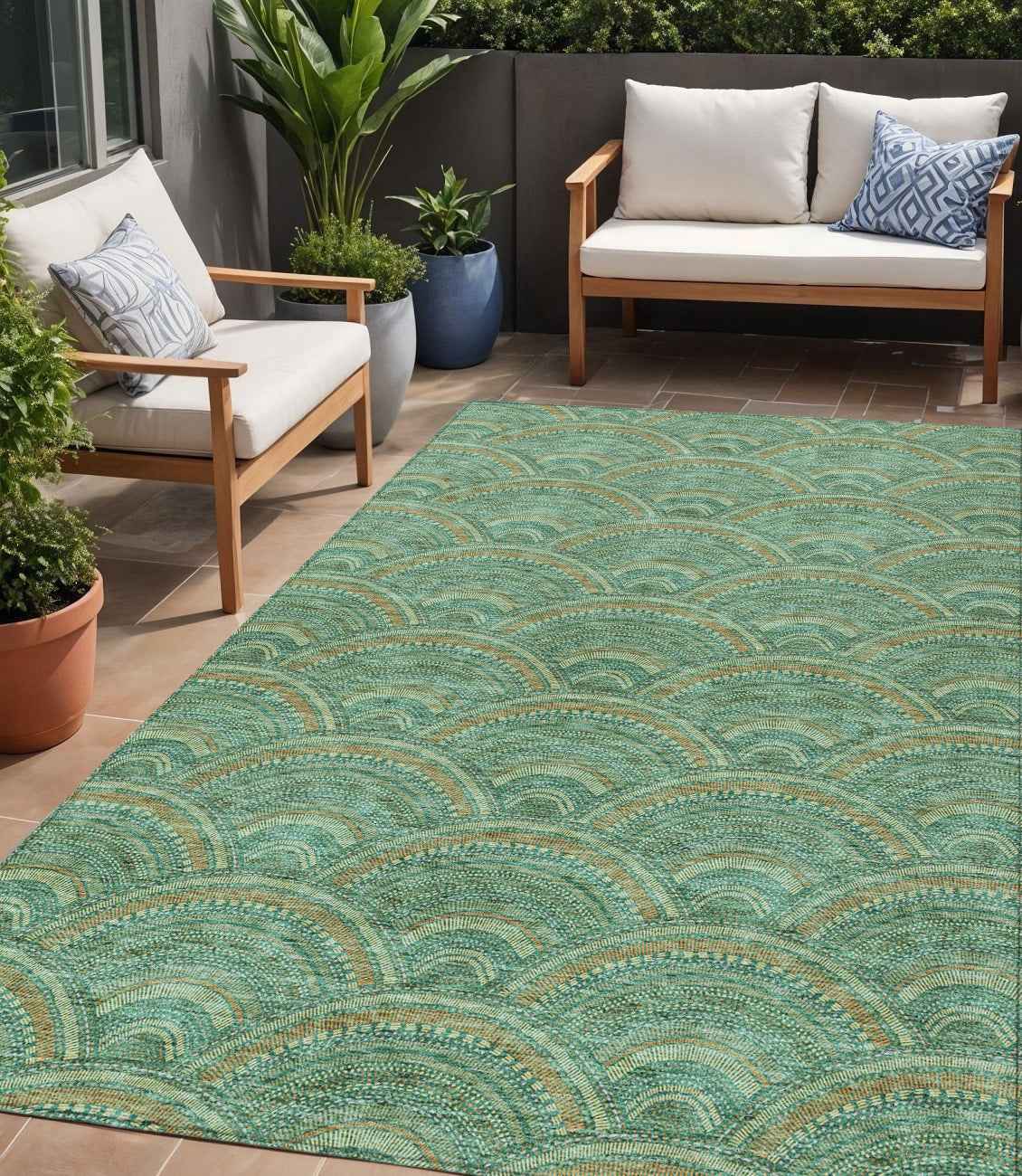 5' X 8' Sage Fern Green And Peach Geometric Washable Indoor Outdoor Area Rug
