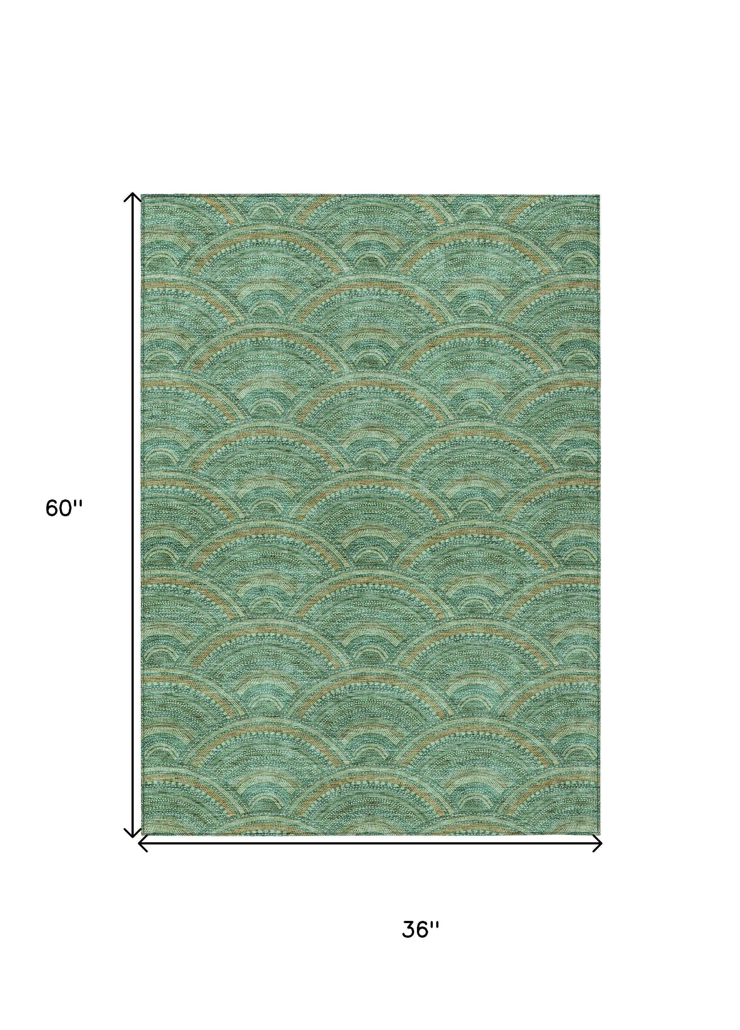 3' X 5' Sage Fern Green And Peach Geometric Washable Indoor Outdoor Area Rug