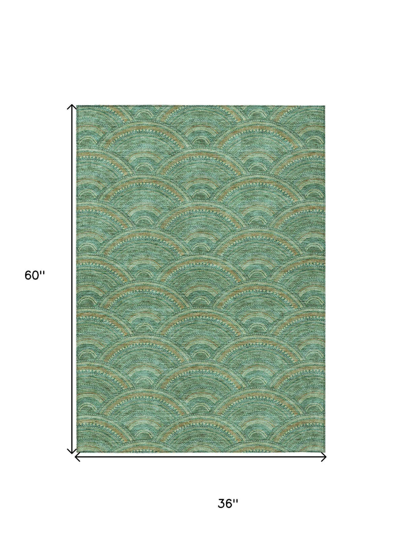 3' X 5' Sage Fern Green And Peach Geometric Washable Indoor Outdoor Area Rug