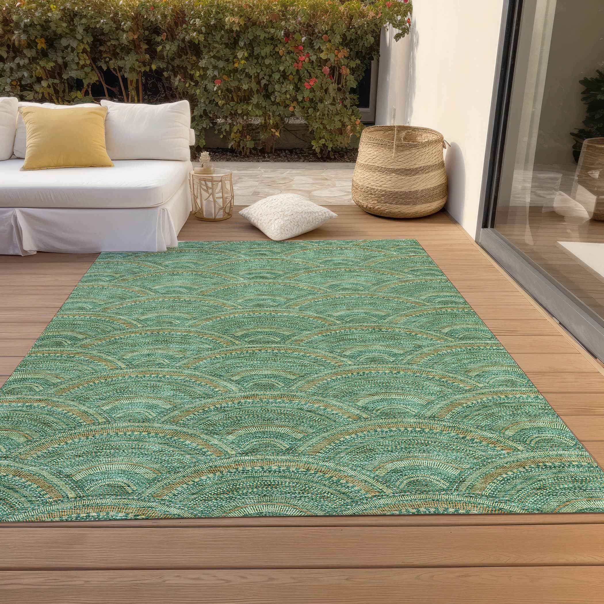 3' X 5' Sage Fern Green And Peach Geometric Washable Indoor Outdoor Area Rug