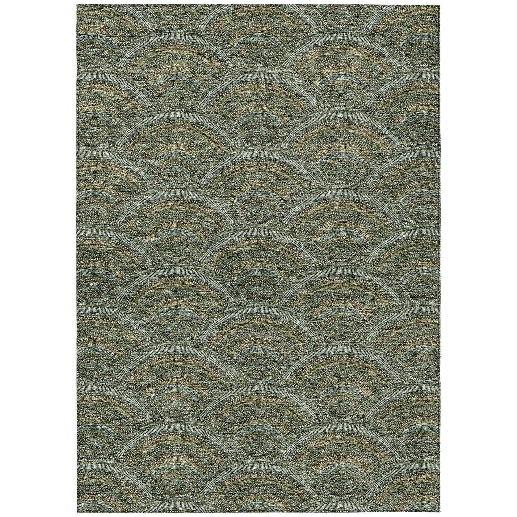 10' X 14' Olive Green Fern Green And Silver Geometric Washable Indoor Outdoor Area Rug
