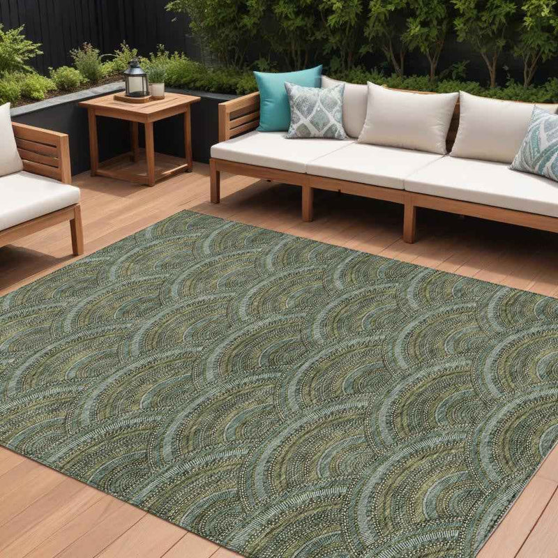 10' X 14' Olive Green Fern Green And Silver Geometric Washable Indoor Outdoor Area Rug