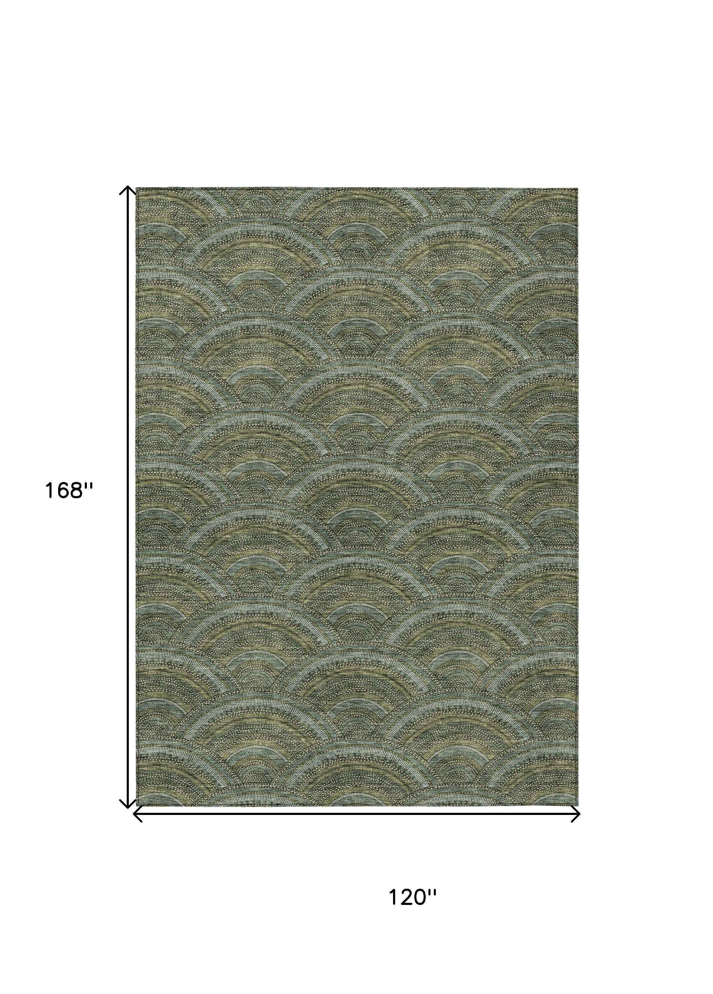 10' X 14' Olive Green Fern Green And Silver Geometric Washable Indoor Outdoor Area Rug