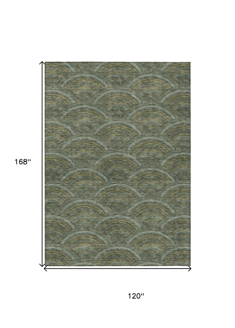 10' X 14' Olive Green Fern Green And Silver Geometric Washable Indoor Outdoor Area Rug