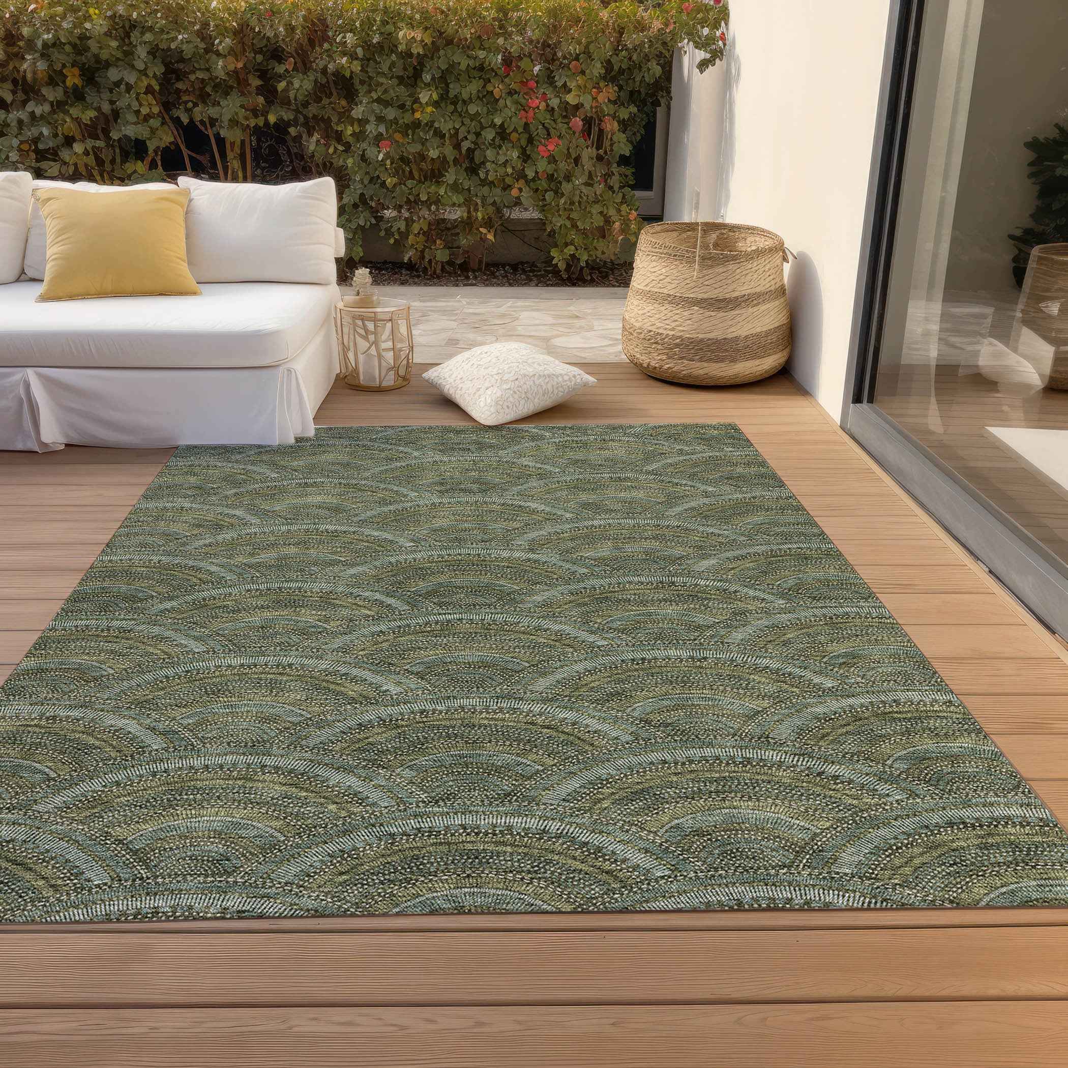 10' X 14' Olive Green Fern Green And Silver Geometric Washable Indoor Outdoor Area Rug