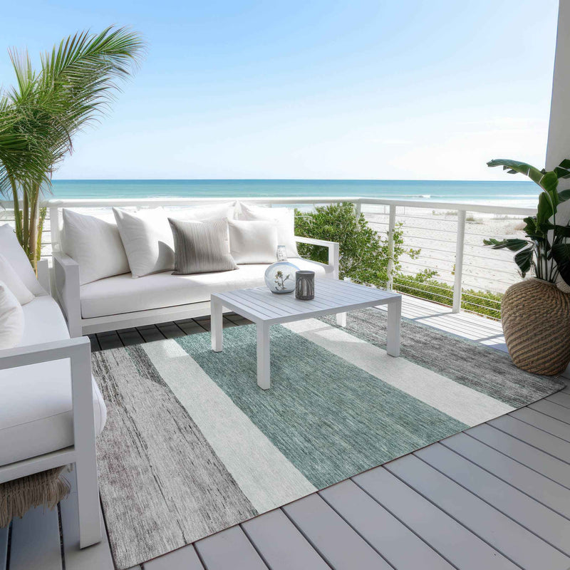 10' X 14' Teal Blue Off White And Gray Abstract Washable Indoor Outdoor Area Rug