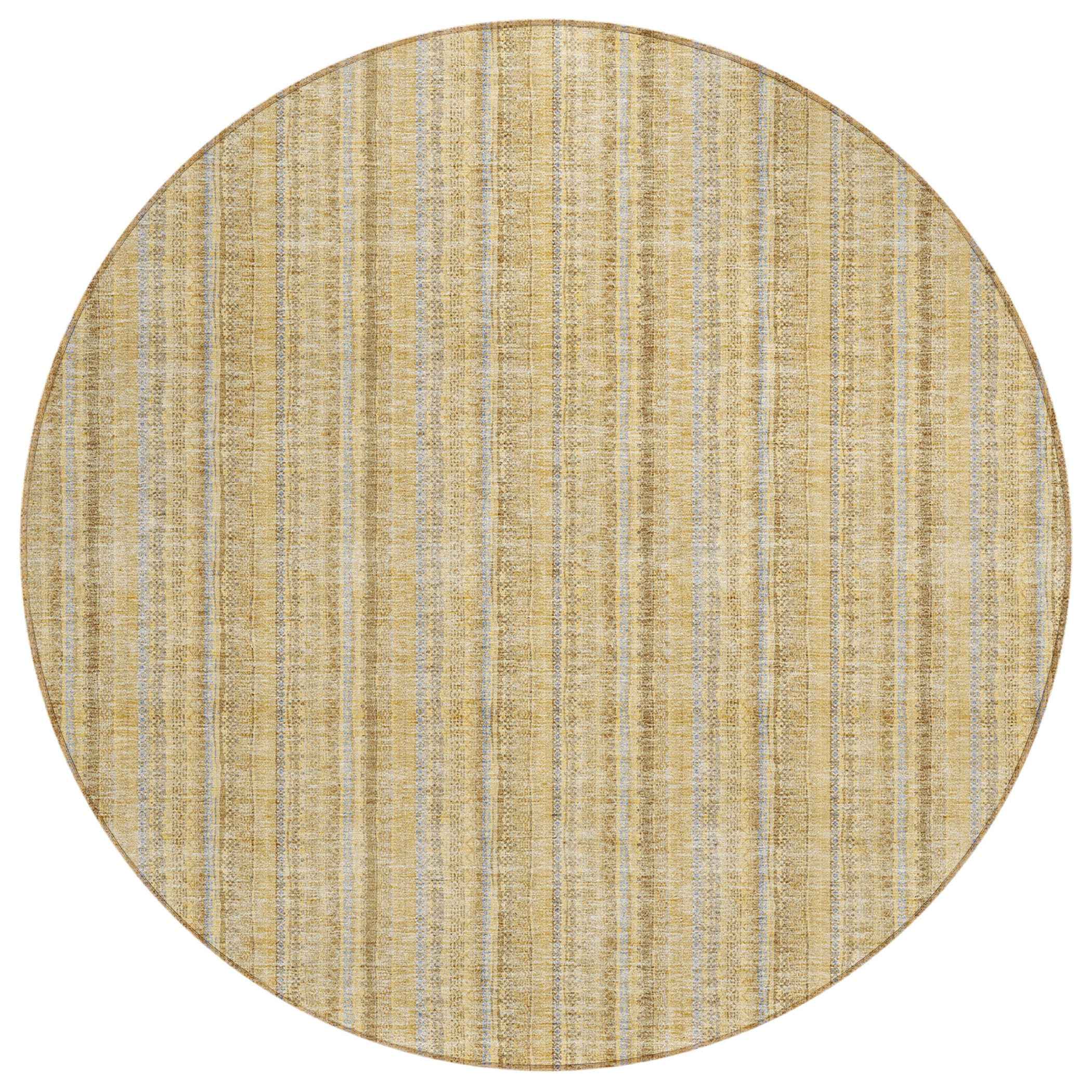 8' Wheat Gold And Gray Round Striped Washable Indoor Outdoor Area Rug