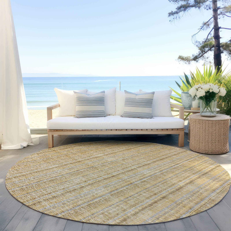 8' Wheat Gold And Gray Round Striped Washable Indoor Outdoor Area Rug