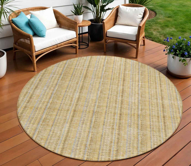 8' Wheat Gold And Gray Round Striped Washable Indoor Outdoor Area Rug