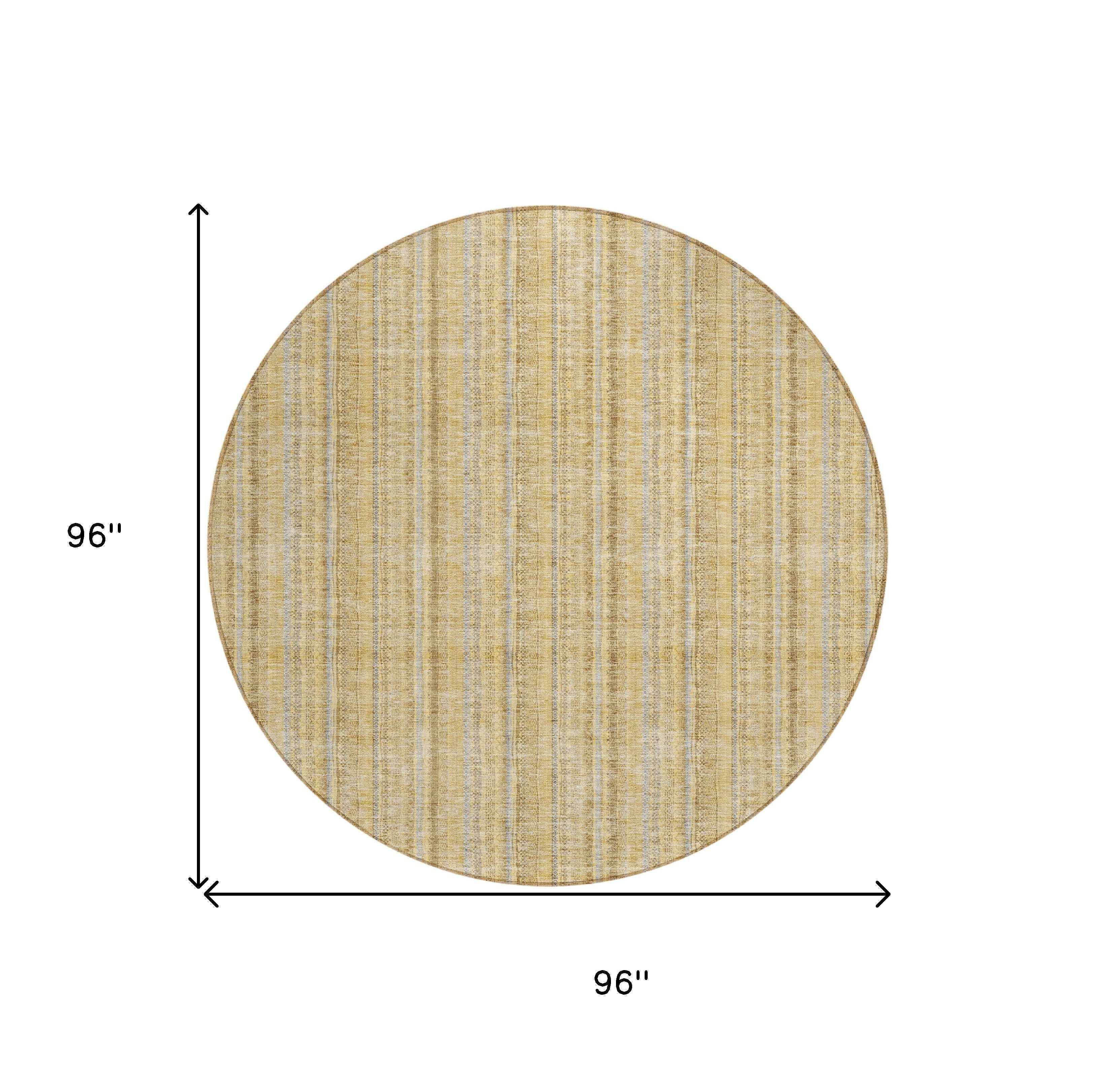 8' Wheat Gold And Gray Round Striped Washable Indoor Outdoor Area Rug