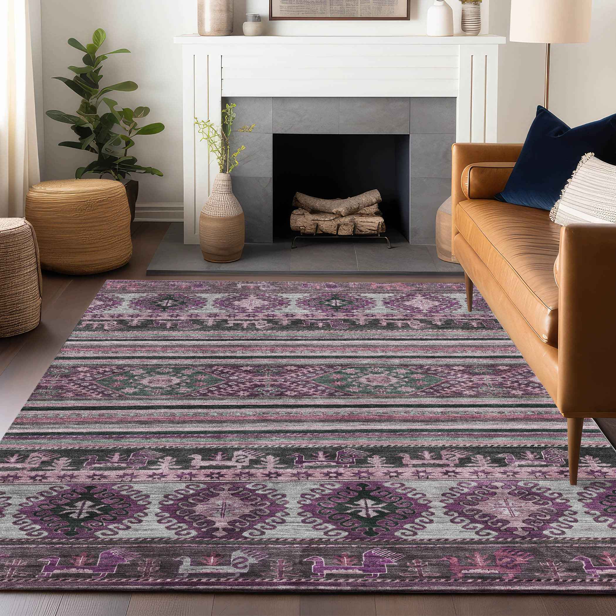 8' X 10' Purple Plum And Gray Tribal Washable Indoor Outdoor Area Rug