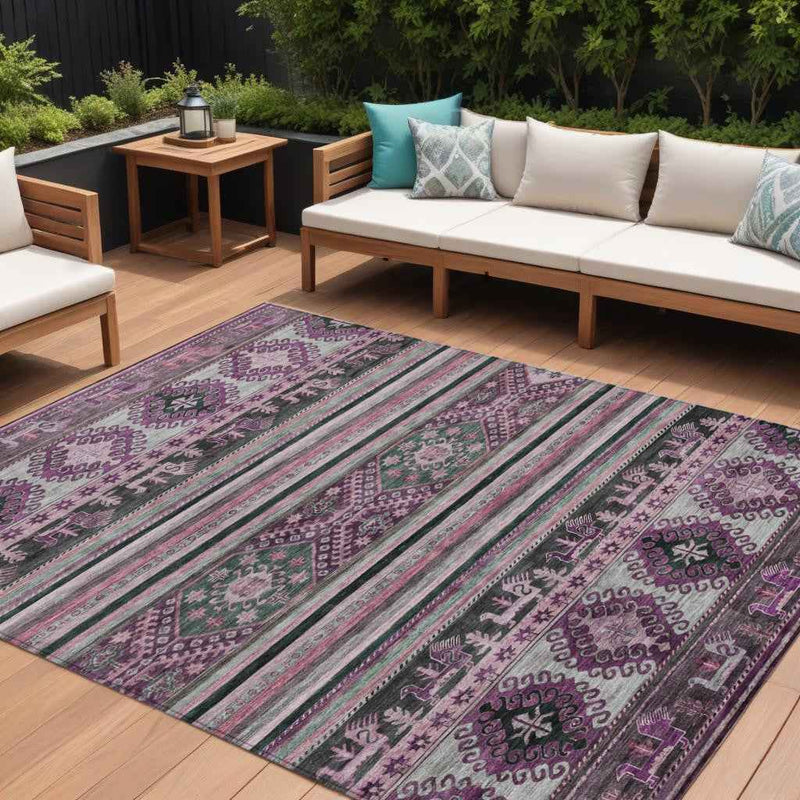 8' X 10' Purple Plum And Gray Tribal Washable Indoor Outdoor Area Rug
