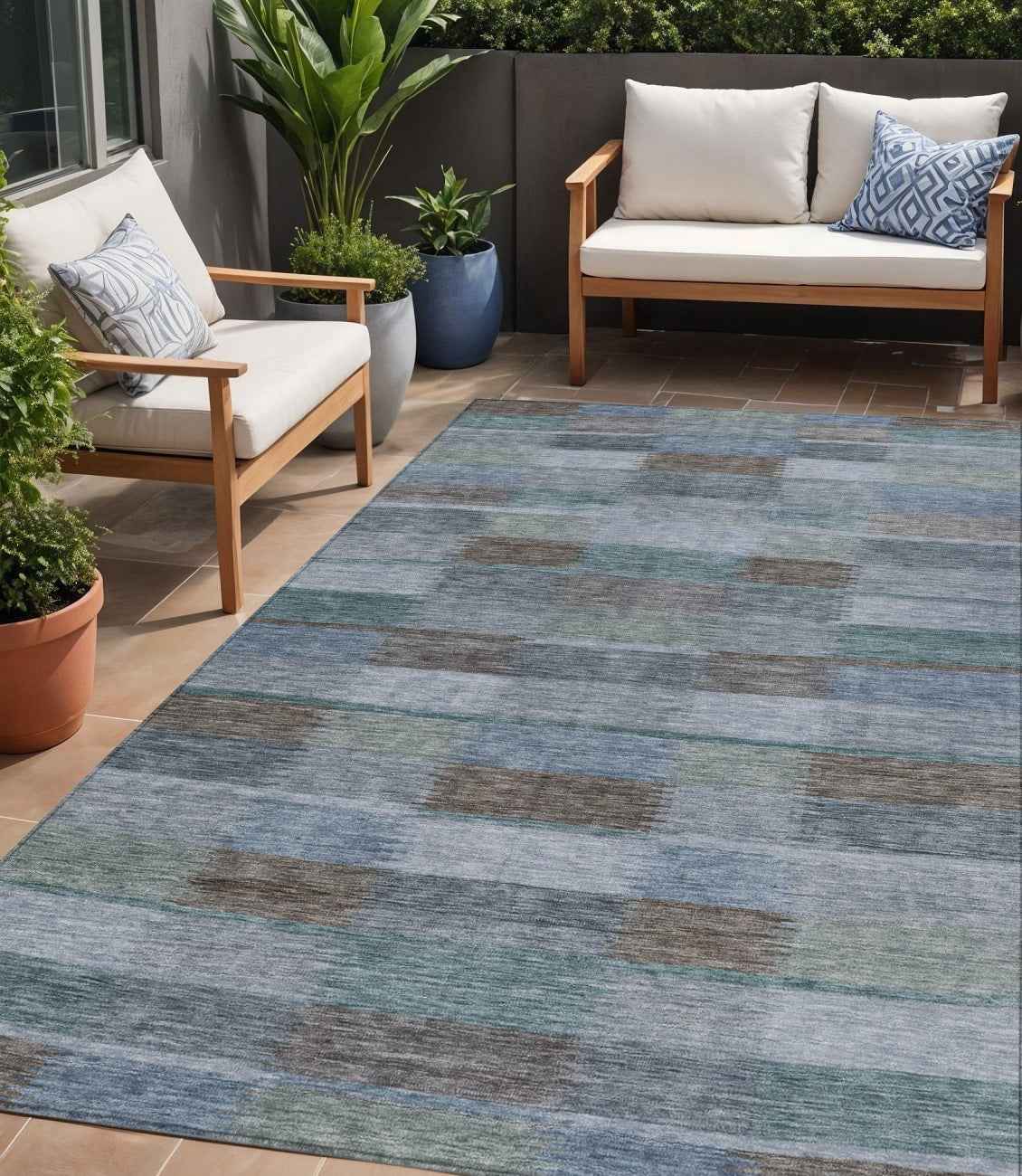 5' X 8' Blue Denim Blue And Brown Striped Washable Indoor Outdoor Area Rug