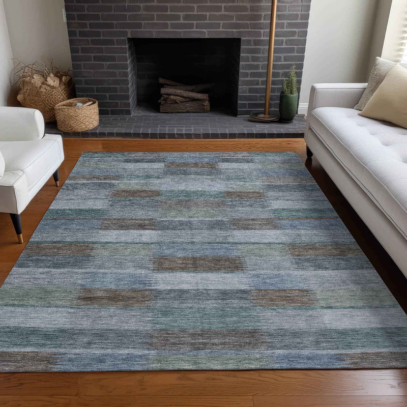 5' X 8' Blue Denim Blue And Brown Striped Washable Indoor Outdoor Area Rug