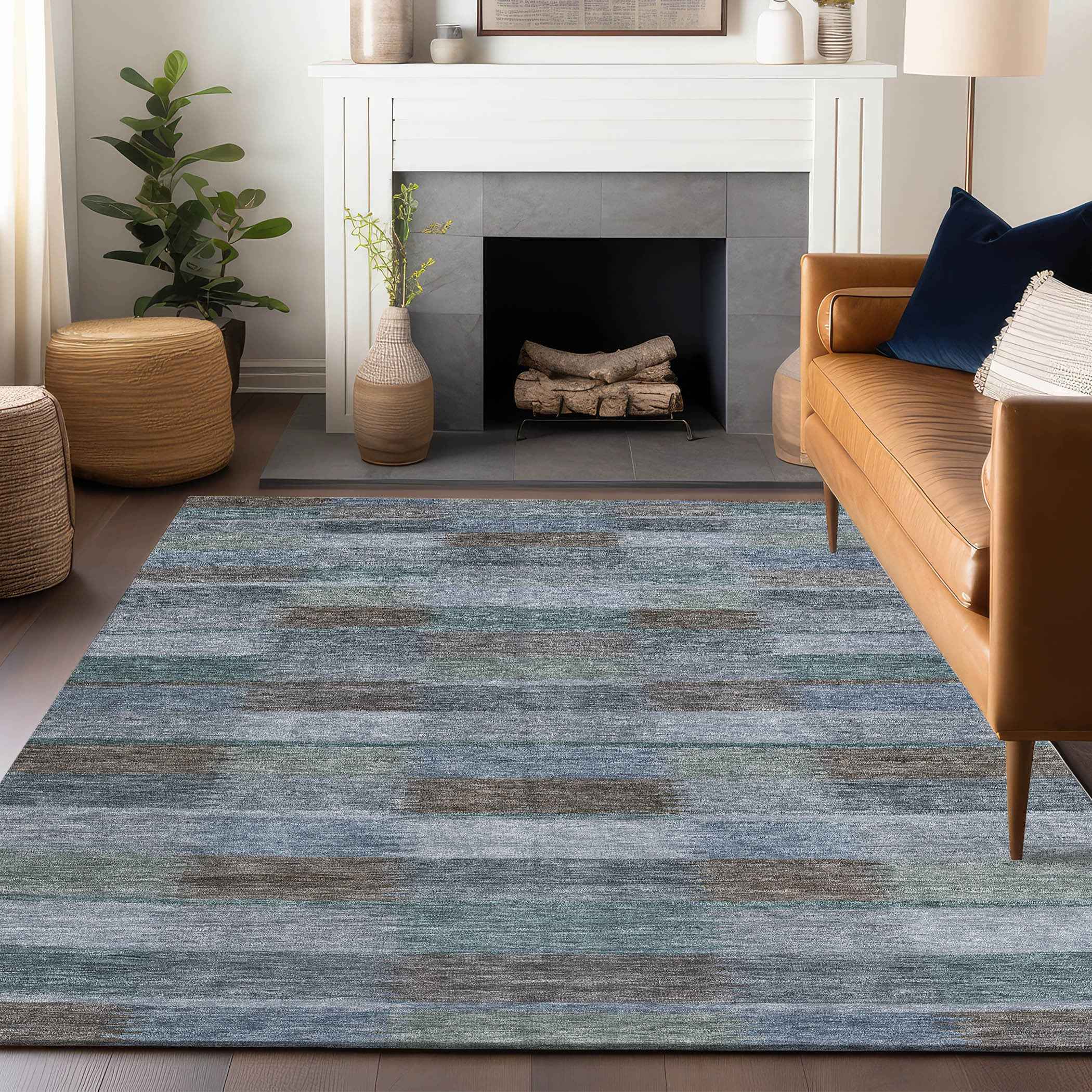 5' X 8' Blue Denim Blue And Brown Striped Washable Indoor Outdoor Area Rug