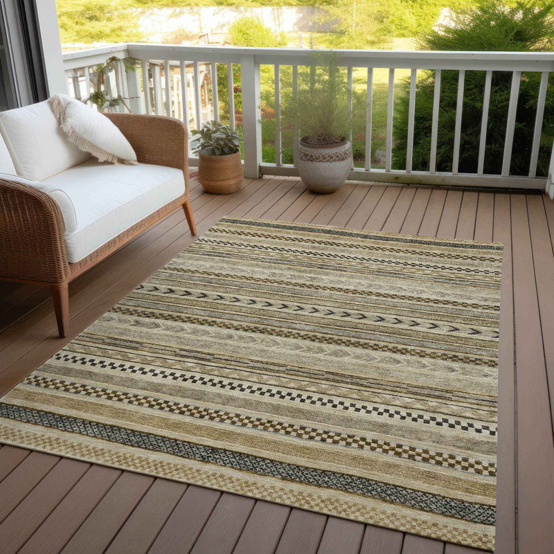 8' X 10' Chocolate And Taupe Striped Washable Indoor Outdoor Area Rug