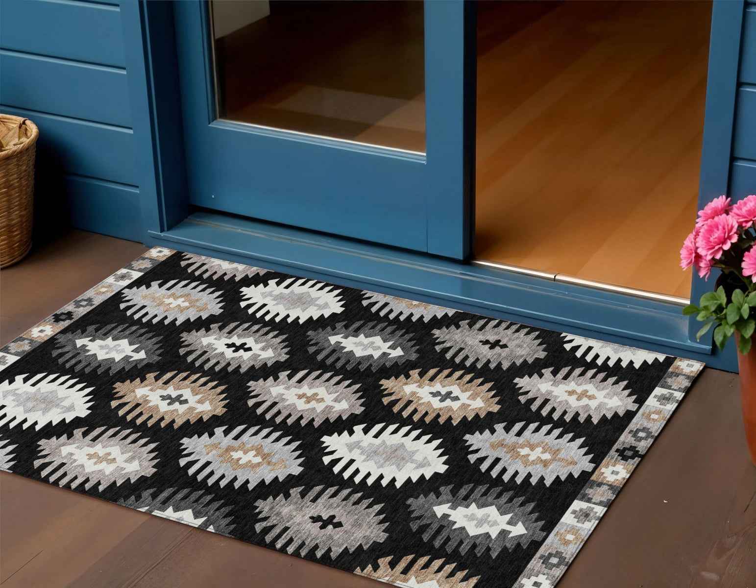 3' X 5' Black Ivory And Taupe Southwestern Washable Indoor Outdoor Area Rug