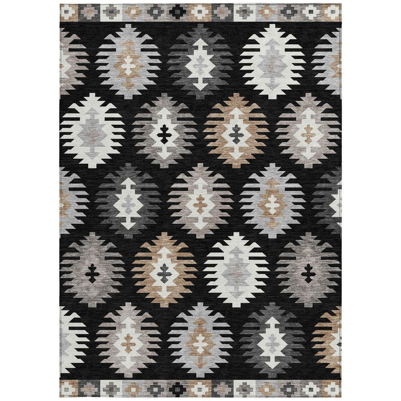 3' X 5' Black Ivory And Taupe Southwestern Washable Indoor Outdoor Area Rug