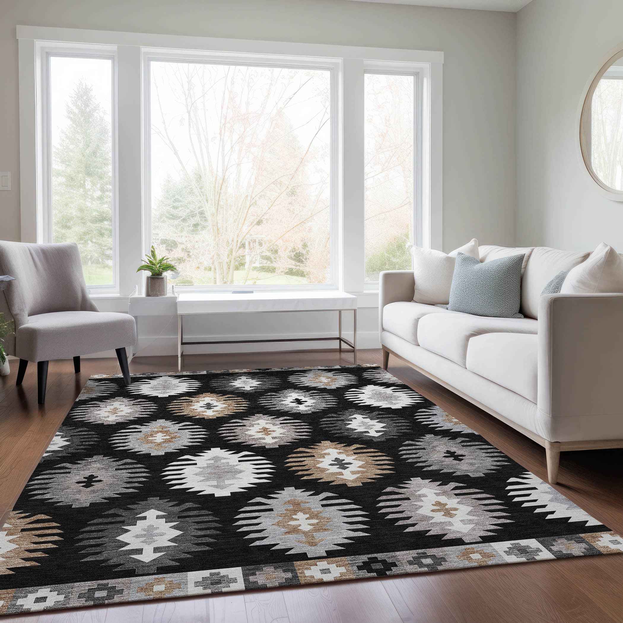 3' X 5' Black Ivory And Taupe Southwestern Washable Indoor Outdoor Area Rug