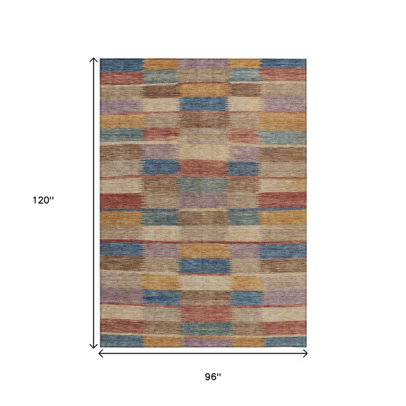 8' X 10' Beige Blue And Gold Striped Washable Indoor Outdoor Area Rug