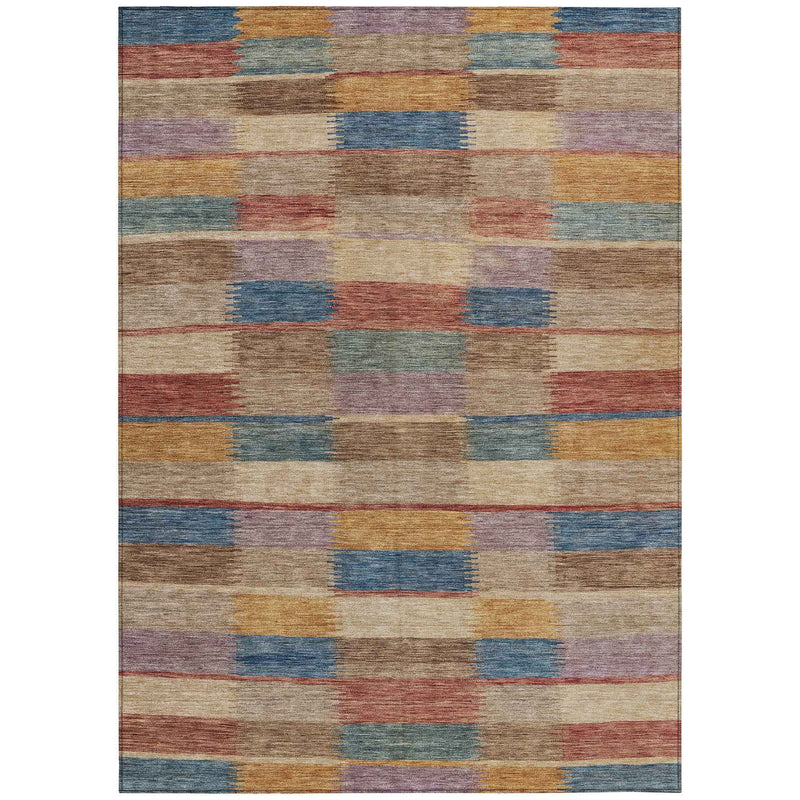 8' X 10' Beige Blue And Gold Striped Washable Indoor Outdoor Area Rug