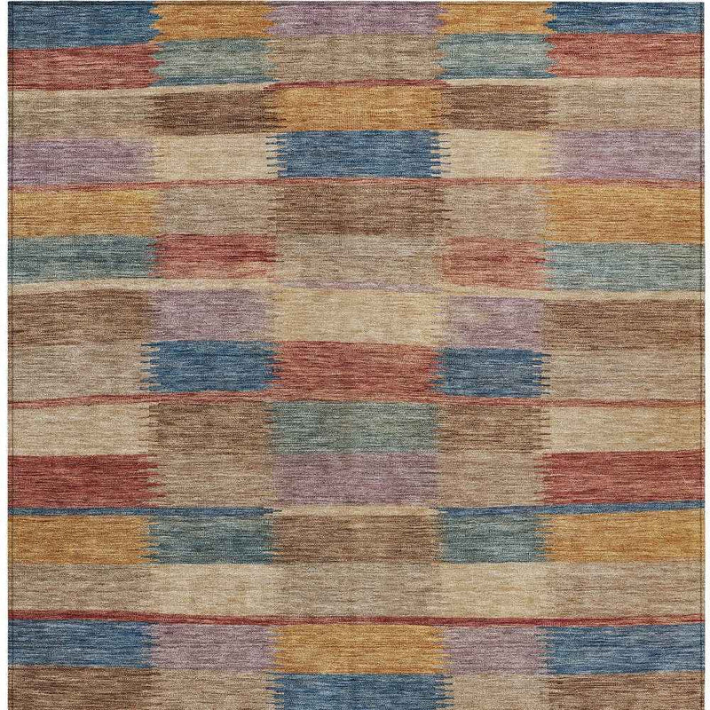 8' X 10' Beige Blue And Gold Striped Washable Indoor Outdoor Area Rug