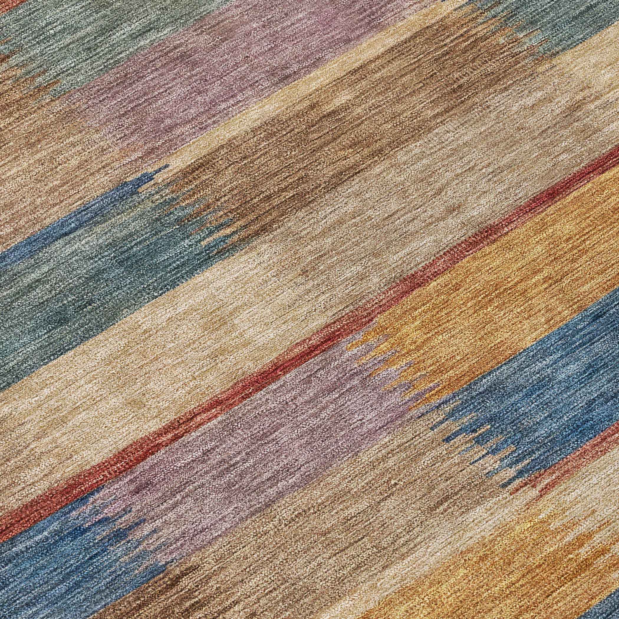 8' X 10' Beige Blue And Gold Striped Washable Indoor Outdoor Area Rug