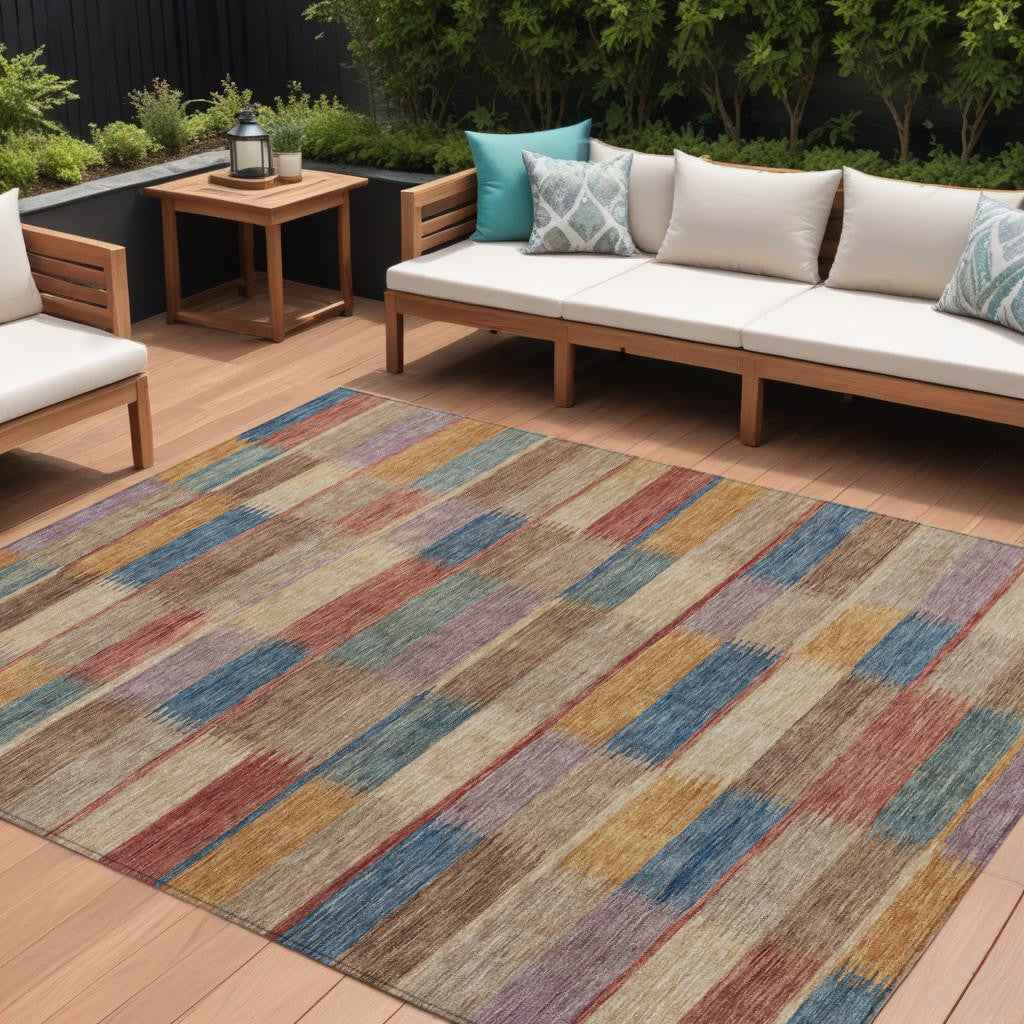 8' X 10' Beige Blue And Gold Striped Washable Indoor Outdoor Area Rug