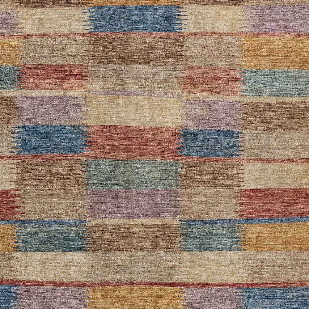 8' X 10' Beige Blue And Gold Striped Washable Indoor Outdoor Area Rug
