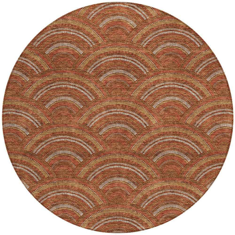 8' Orange Gold And Ivory Round Geometric Washable Indoor Outdoor Area Rug