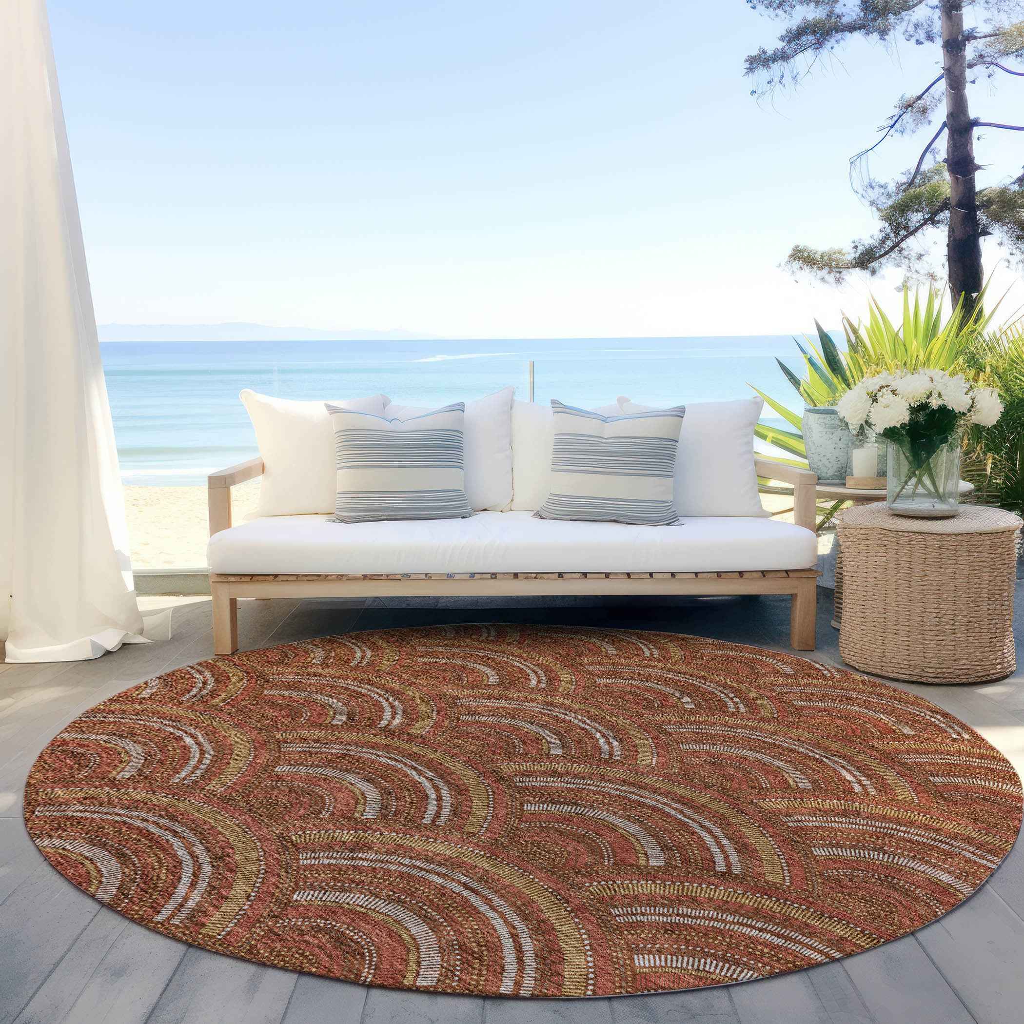 8' Orange Gold And Ivory Round Geometric Washable Indoor Outdoor Area Rug
