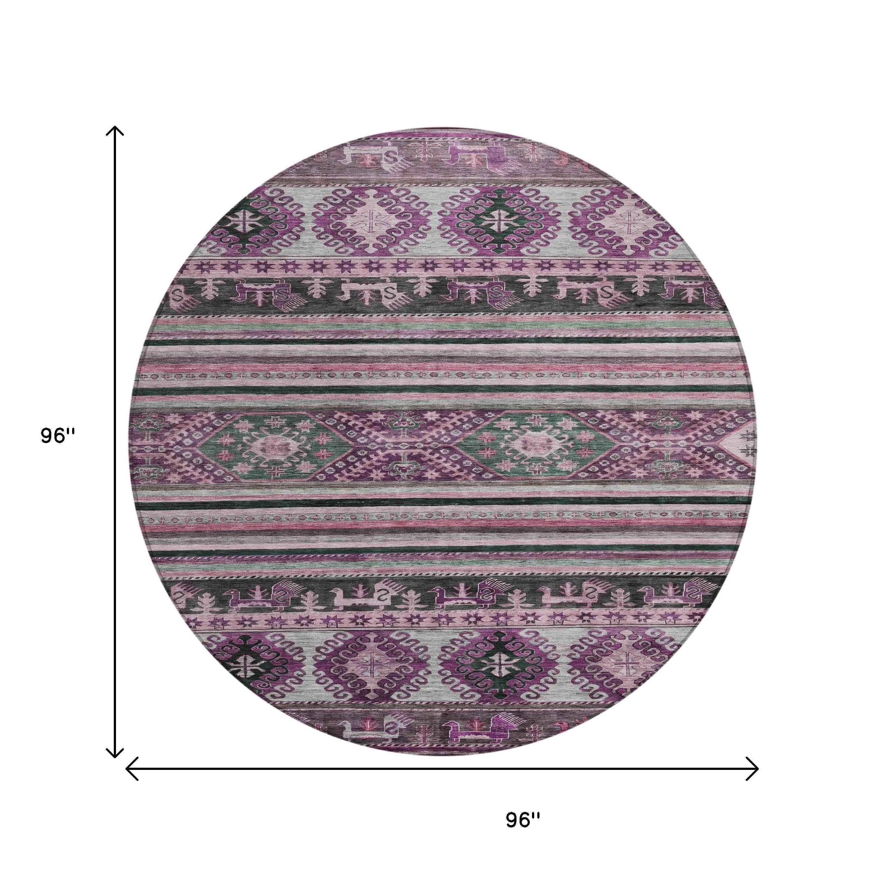 8' Purple Plum And Gray Round Tribal Washable Indoor Outdoor Area Rug