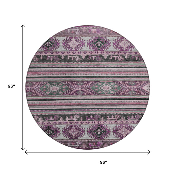 8' Purple Plum And Gray Round Tribal Washable Indoor Outdoor Area Rug